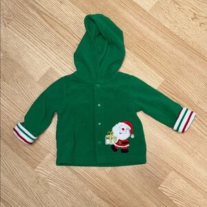 Green Hooded Fleece Jacket with Santa Design. Holiday Christmas Cozy